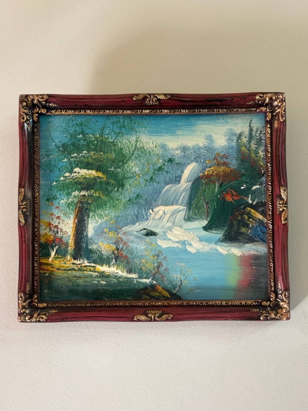 Vintage Mid Century Waterfall Landscape Oil Painting Artwork Framed Art Decor